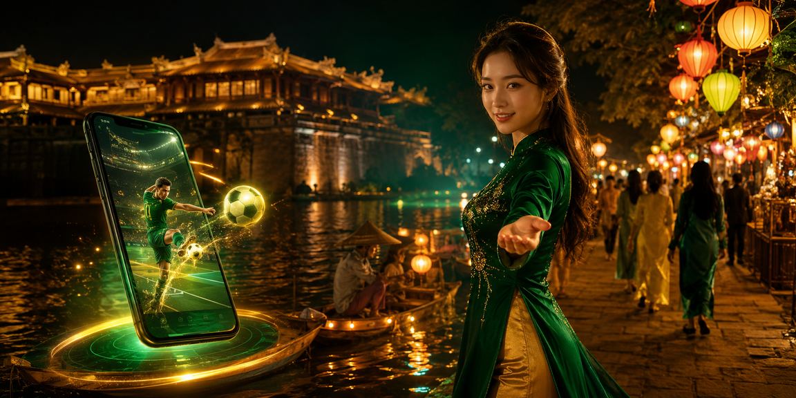 Người dùng theo dõi kèo bóng đá tại chợ đêm Huế với không khí sôi động dưới ánh đèn