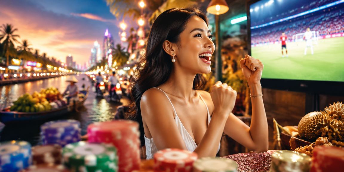 Biển neon rực rỡ tại vùng Mekong quảng cáo xổ số và trò chơi may mắn về đêm